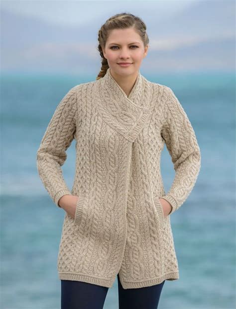 Aran Cable Crossover Neck Coat Parsnip Irish Knit Sweaters Irish