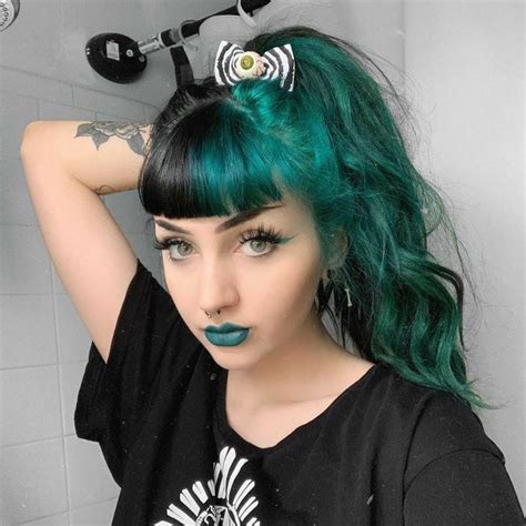Pin By Erica On Horror Hailey Model Split Hair Dark Green Hair Hair