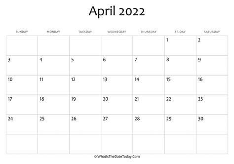 Blank April Calendar 2022 Editable Whatisthedatetodaycom