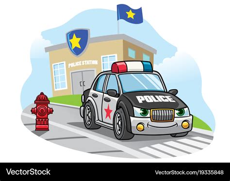 Cartoon Police Car In Front Of Police Office Vector Image