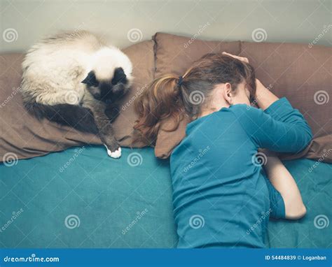 Woman Sleeping In Bed With Cat Stock Image Image Of Care Relaxation