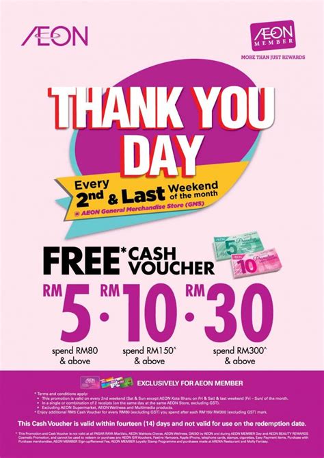 Get 5% cashback on aeon thank you day (on the 20th of every month) and save up to a maximum of rm100! AEON Thank You Day Promotion (Every 2nd & Last Weekend of ...