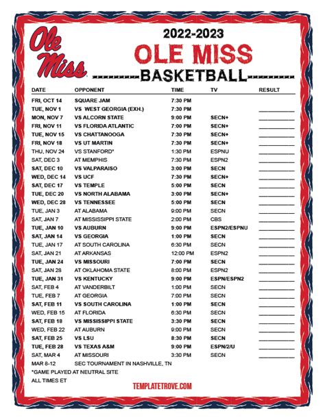 Printable 2022-2023 Ole Miss Rebels Basketball Schedule