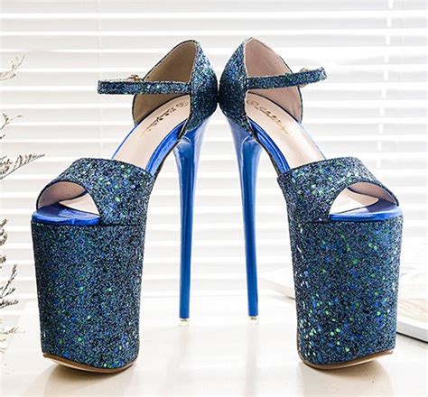 blue glitter bling bling platforms stiletto super high heels shoes