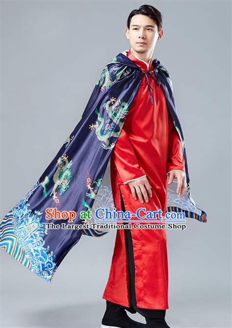 Top Chinese Tang Suit Printing Dragon Navy Cape Traditional Tai Chi