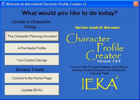 Main Menu Screen Of The Morrowind Character Profile Creator Plan