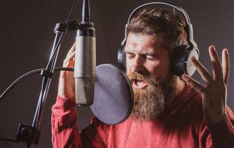 Singer Singing Rock Recording Song In A Music Studio Excited Karaoke
