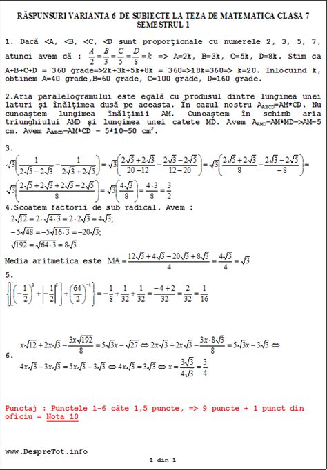 Teza Matematica Clasa 7 Sem 1 Rezolvata Varianta 6