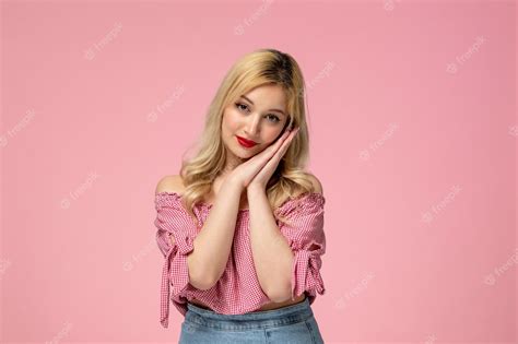 premium photo cute girl pretty blonde lady wearing red lipstick in pink blouse holding hands