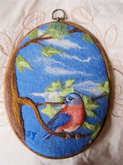 Needle Felted Wool Painting Of Bluebird In A Tree Needlefelt Etsy