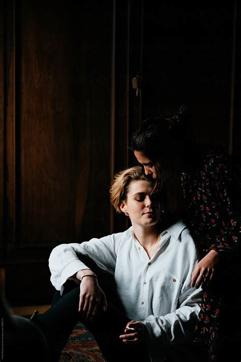 Portrait Of A Beautiful Lesbian Teen Couple In A Dark Room Del
