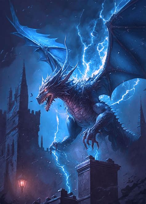 Blue Lightning Dragon Poster Picture Metal Print Paint By Tapu