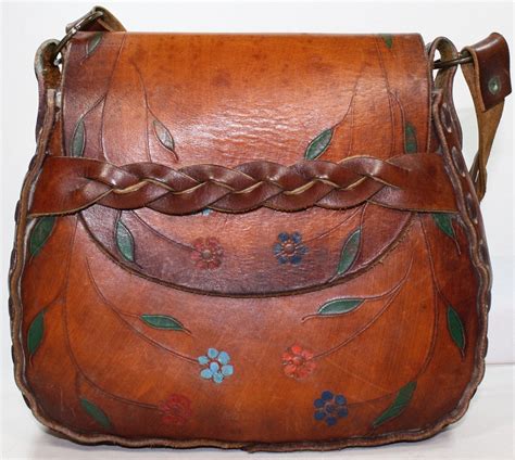 Vintage Retro Brown Tan Tooled Leather Purse Hand Bag Tote