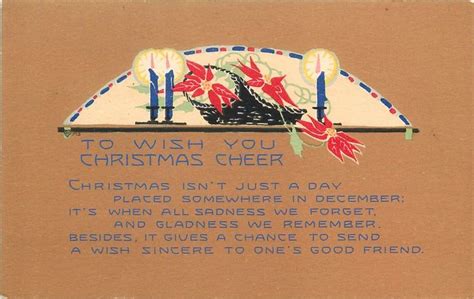 An Old Fashioned Christmas Cheer Card With Candles And Flowers On The