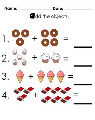 Introduction to addition, addition with pictures, addition sentences illustrated, addition word adding objects shuffled. Learn to add by counting up the food objects - desserts