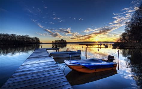 Lovely Sunset On Boat Docks In A Lake Wide Wallpaper 564695