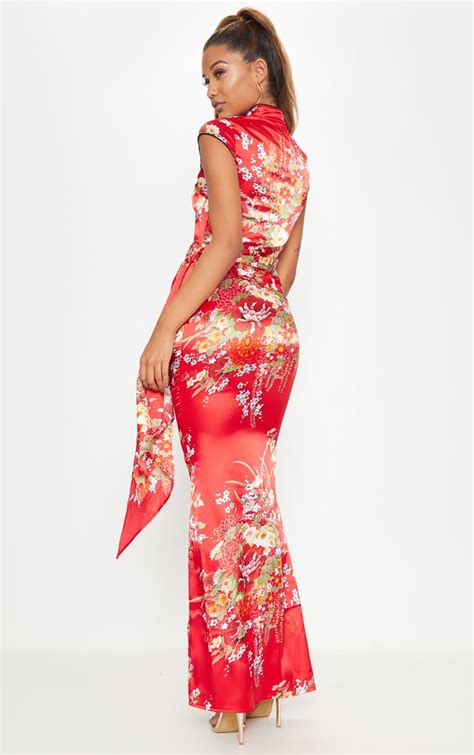 Red Oriental Print High Neck Maxi Dress Prettylittlething Aus