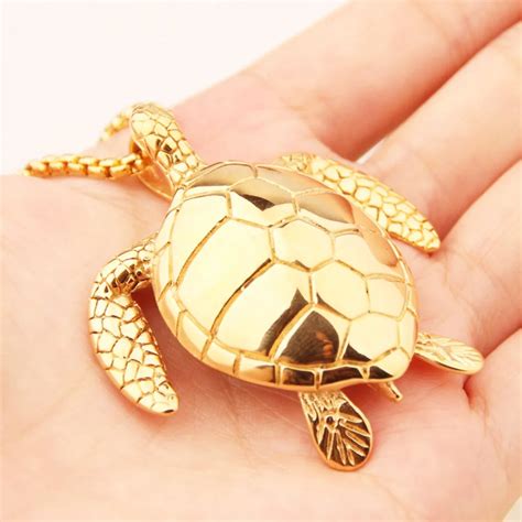 Charming Heavy Gold Tone Sea Turtle Pendant Free Box Chain Stainless