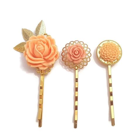 Peach Hair Pins Flower Bobby Pins Set Of 3 Bridesmaid Etsy
