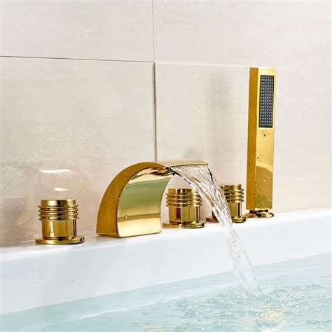 Bathroom 5 Holes Bathtub Shower Faucet Waterfall Mixer Tap Gold Finish