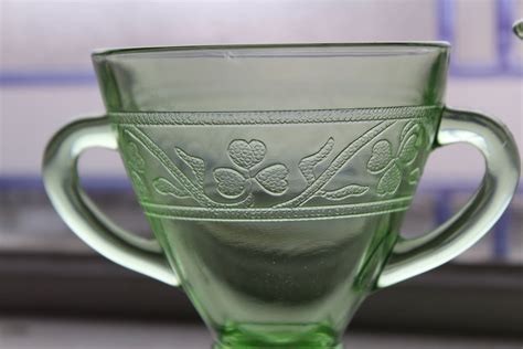 Green Depression Glass Sugar And Creamer Cloverleaf Vintage 1930s