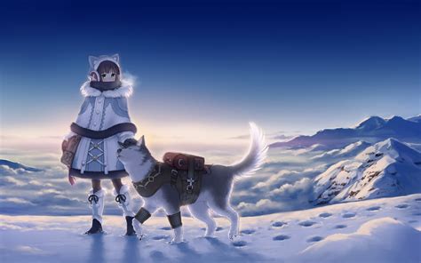 Download 2880x1800 Anime Girl Winter Wolf Snow Landscape Clean Sky Wallpapers For Macbook