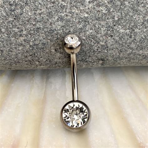 L Surgical Steel Double Gem Navel Bar Cubic Zirconia Crystal Clear