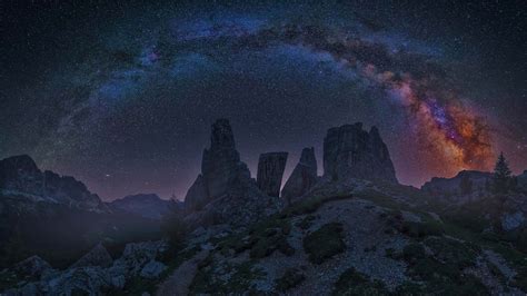 Dolomite Mountains At Night With The Milky Way Italy Bing Wallpaper