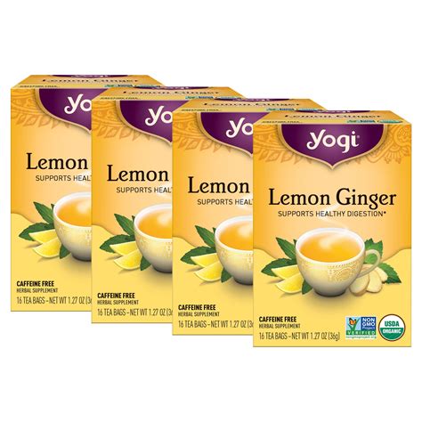 4 pack yogi tea lemon ginger caffeine free organic herbal tea bags 16 count