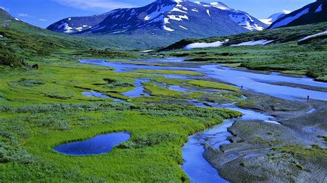 Mountains Landscapes Lakes Green Grass Exploration Snow Sky Hills Water Nature