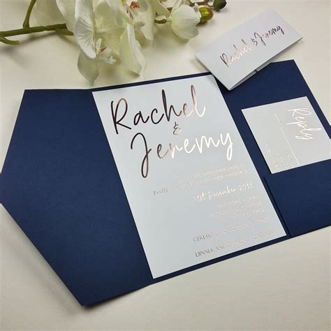 Navy Blue Pocket Fold Wedding Invitation Suite Rose Gold Etsy