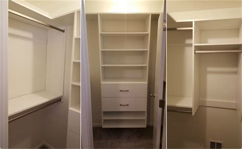 White Melamine Walk In Closet With Adjustable Shelving Drawers Long