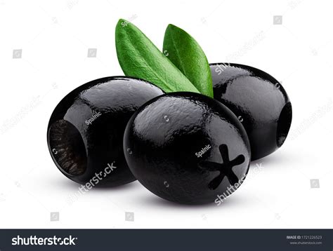 Black Pitted Olives Leaves Isolated On Stock Photo 1721226523