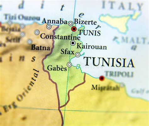 Geographic Map Of Tunisia Country With Important Cities Stock Photo