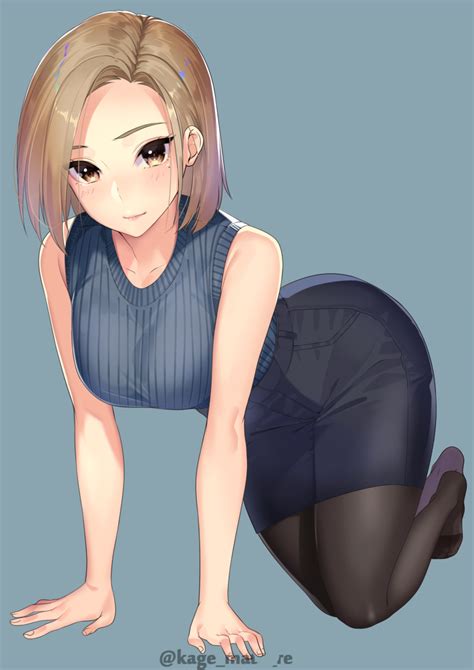 Kagematsuri Original Highres 1girl All Fours Bare Arms Bare Shoulders Black Pantyhose