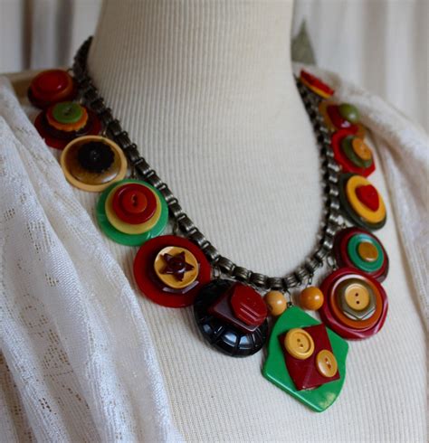Antique Bakelite Button Necklace Statement Assemblage Fall Etsy