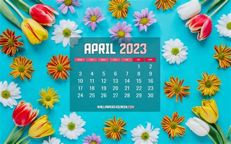 Download Wallpapers 4k April 2023 Calendar Floral Frames Blue