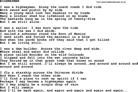 Johnny Cash Song Highwayman Lyrics