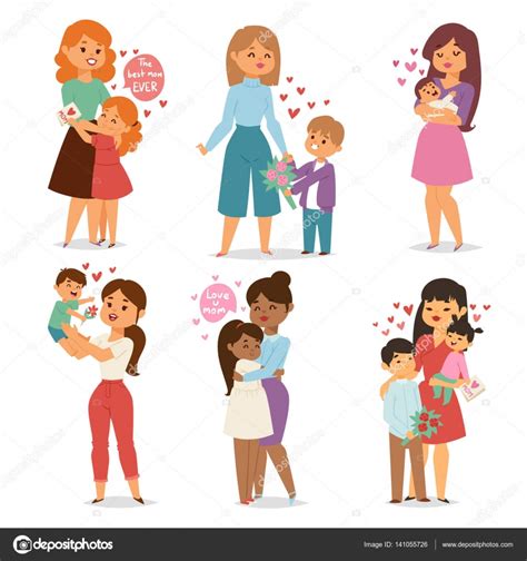 Mother And Children With Flower Bouquet Mothers And Womans Day Vector