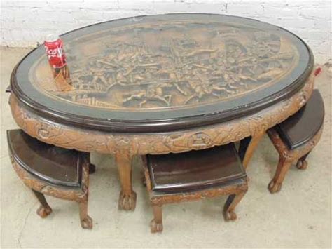 Carved Chinese Coffee Table With 6 Small Stools