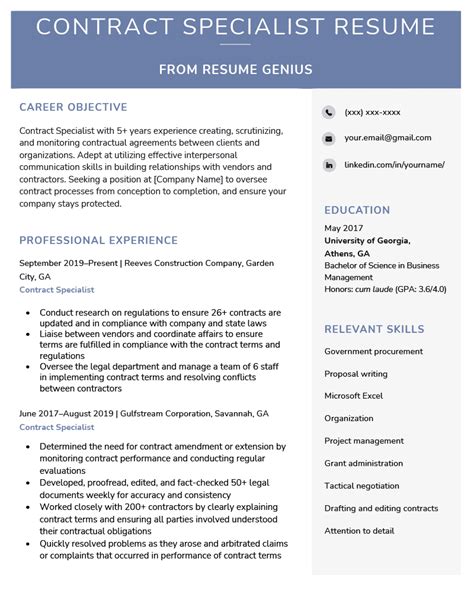 Contract Specialist Sample Resume