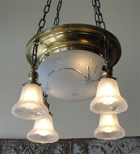 Vintage Brass Light Fixture With Original Shades Brass Light Fixture