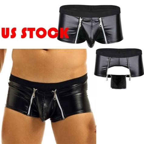 Mens Faux Leather Shorts Zipper Bulge Pouch Underwear Wet Look Trunks Briefs EBay