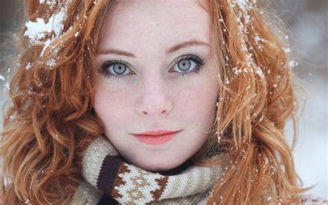 wallpaper face women outdoors redhead model long hair blue eyes snow freckles fashion