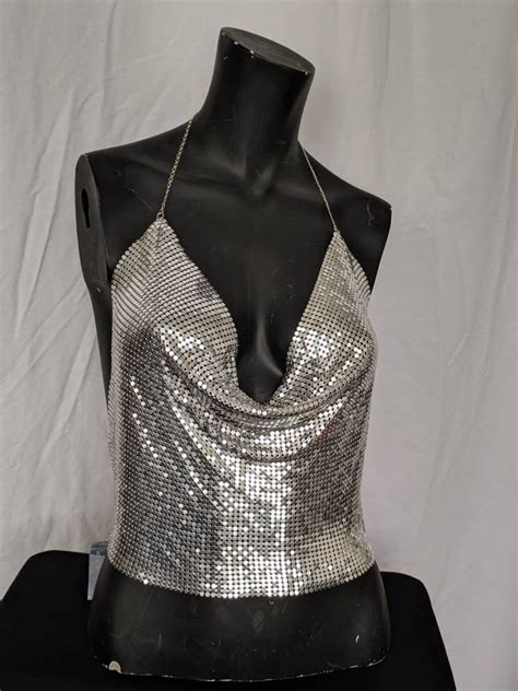 Metallic Silver Mesh Disco Glam Halter Top W Chain Strap One Etsy