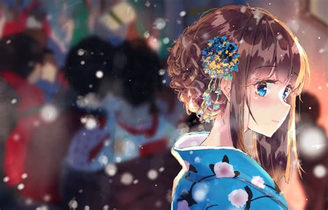 Brown Hair Anime Cute Blue Eyes Girl Smile Kimono