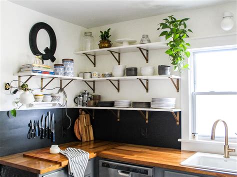 Give plain kitchen cabinets a new look by converting them to open shelving. How to Replace Upper Cabinets With Open Shelving | DIY
