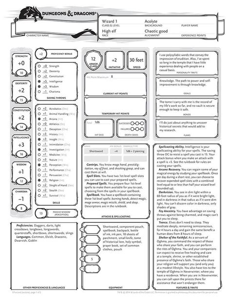 Dandd 5th Edition Wizard Character Sheet Pg1 Dungeons