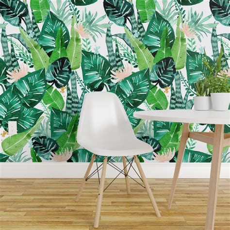 Peel And Stick Wallpaper 2ft Wide Jungle Tropical White Leaves Banana