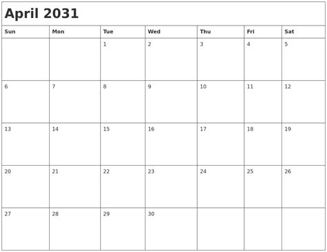 April 2031 Month Calendar